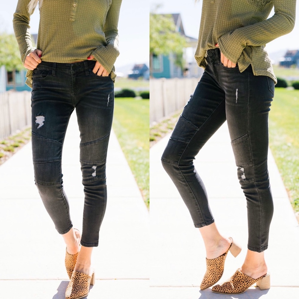 KanCan Distressed Dark Gray Modern Moto Jeans - Picture 1 of 8